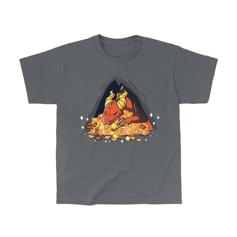 Classic Cotton T-shirt_TeeTurtle Candy Hoarder charcoal gray t-shirt featuring a dragon sleeping on its hoard of Halloween candy