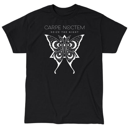 Classic Cotton T-shirt_TeeTurtle Carpe Noctem black t-shirt featuring an illustration of a detailed moth with celestial patterns.