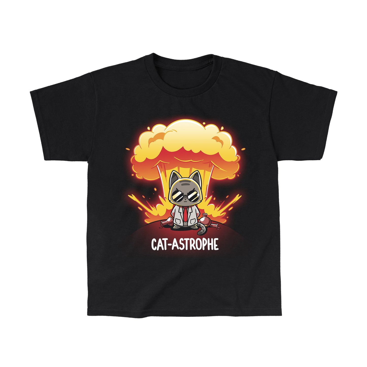 Classic Cotton T-shirt_Teeturtle Cat-Astrophe black t-shirt featuring a sunglasses-wearing cat in a lab coat surrounded by broken vials and lab beakers with a mushroom cloud explosion behind and the word "Cat-Astrophe" written underneath.