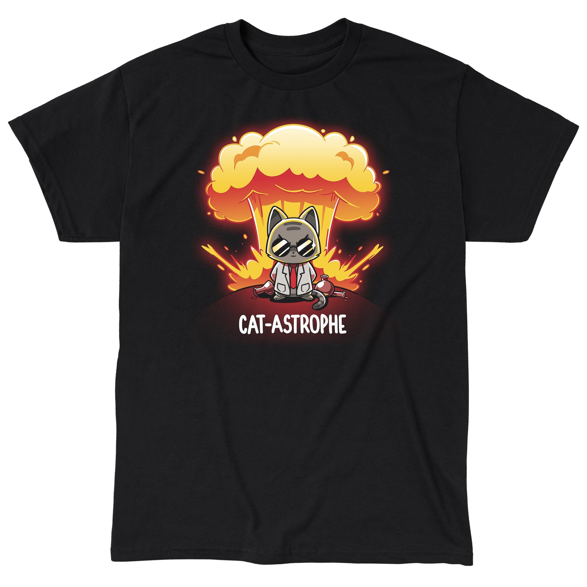 Classic Cotton T-shirt_Teeturtle Cat-Astrophe black t-shirt featuring a sunglasses-wearing cat in a lab coat surrounded by broken vials and lab beakers with a mushroom cloud explosion behind and the word "Cat-Astrophe" written underneath.