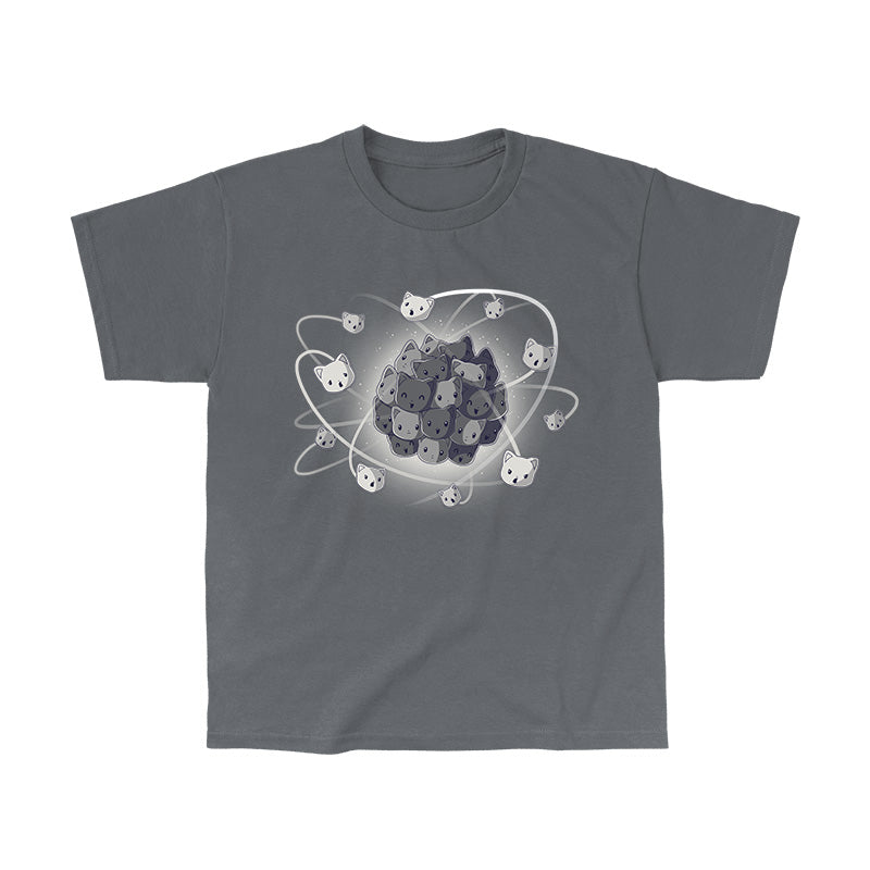 Classic Cotton T-shirt_TeeTurtle charcoal gray Cat-ion. Featuring a nucleus made out of cat faces with other atoms made out of cat faces orbiting it.