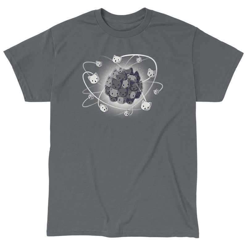 Classic Cotton T-shirt_TeeTurtle charcoal gray Cat-ion. Featuring a nucleus made out of cat faces with other atoms made out of cat faces orbiting it.