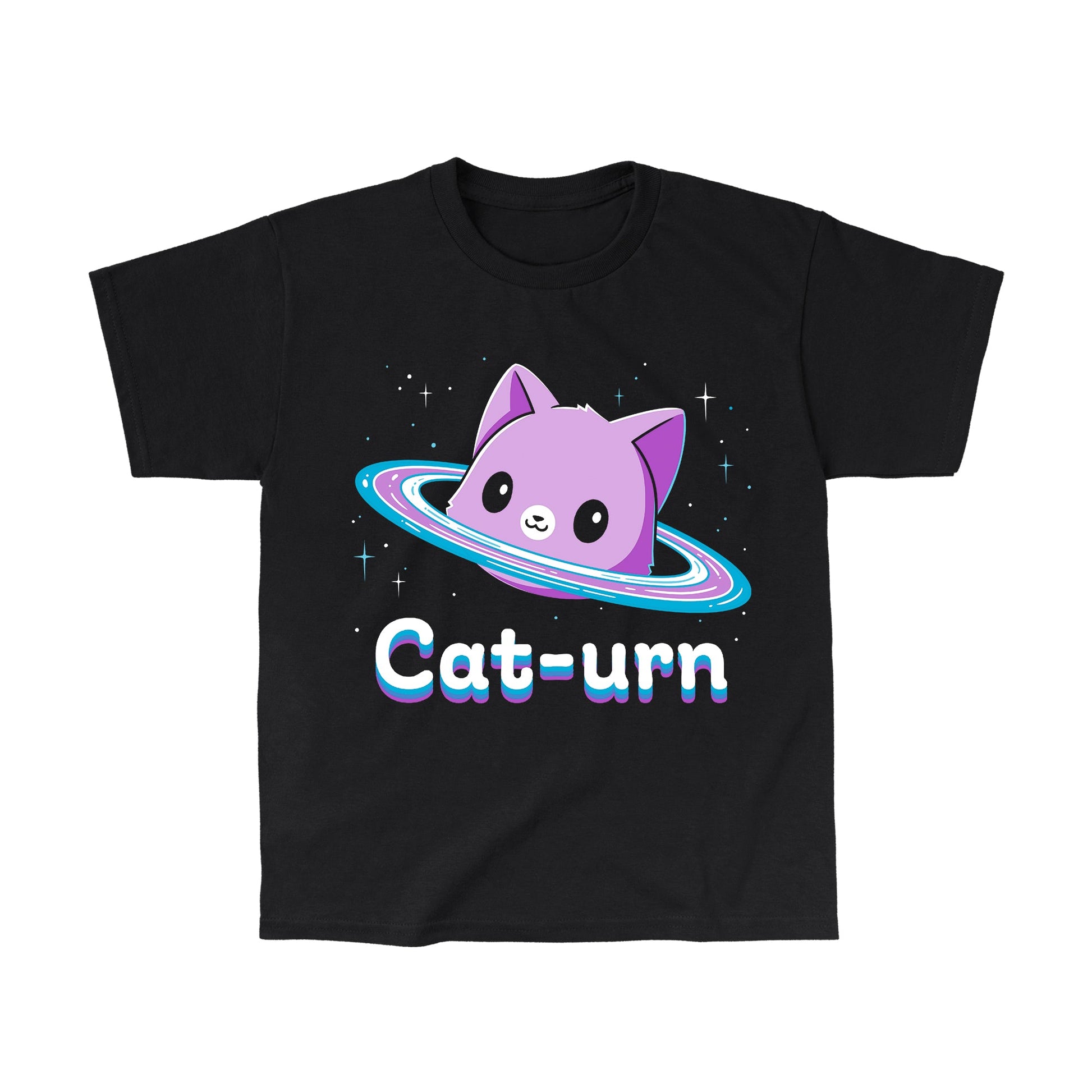 Classic Cotton T-shirt_TeeTurtle Cat-urn black t-shirt featuring a cute cat head floating in space surrounded by stars and rings like Saturn and the word 'Cat-urn' written below it.