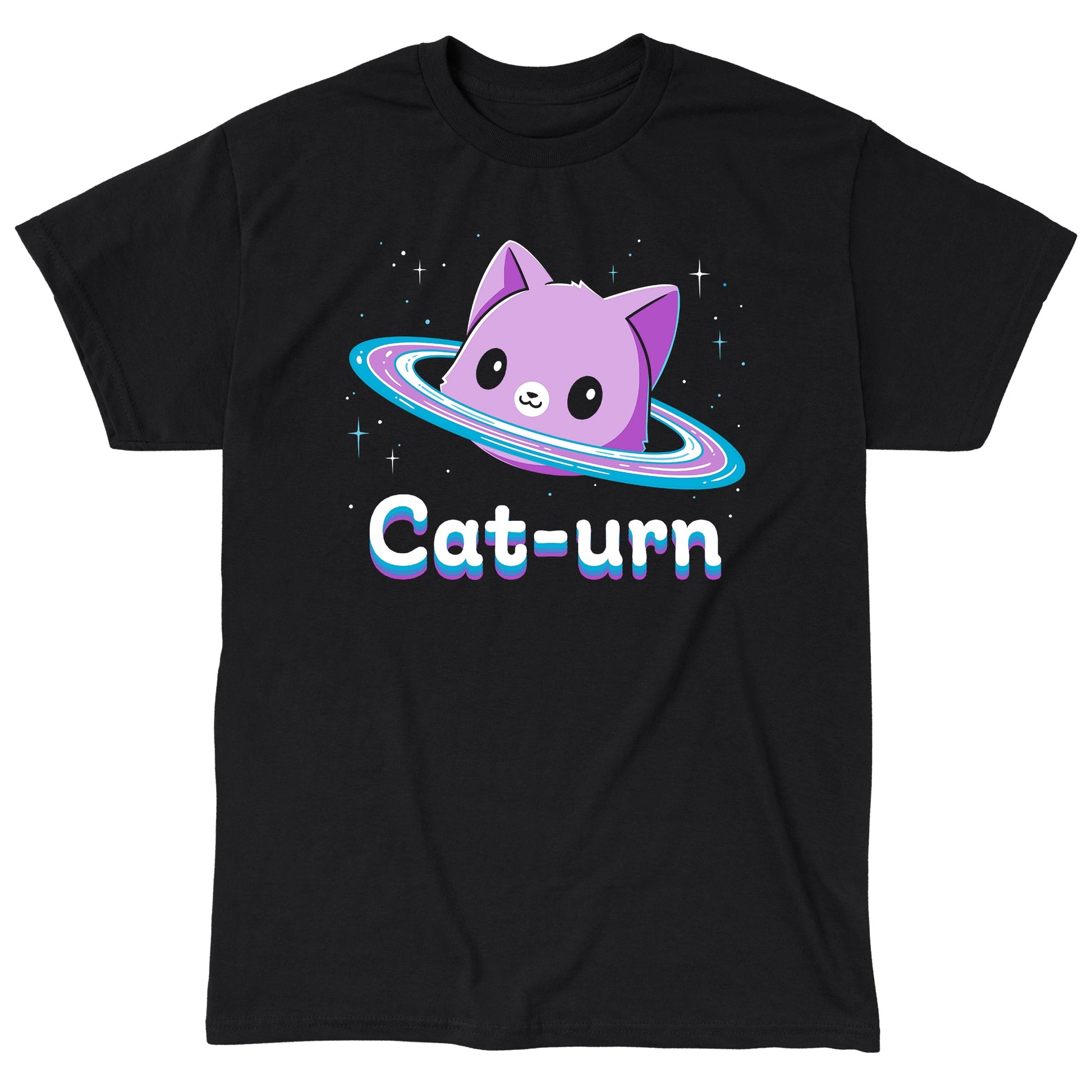 Classic Cotton T-shirt_TeeTurtle Cat-urn black t-shirt featuring a cute cat head floating in space surrounded by stars and rings like Saturn and the word 'Cat-urn' written below it.