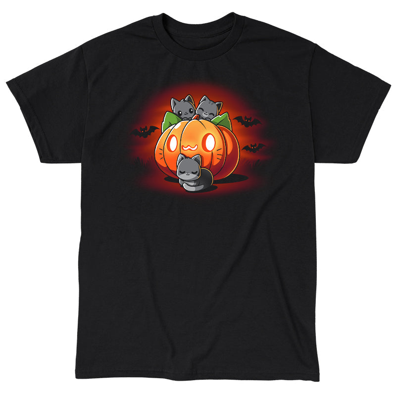 Classic Cotton T-shirt_TeeTurtle black Cat O'Lantern. Featuring a giant pumpkin jack-o-lantern with a cat face surrounded by cats.