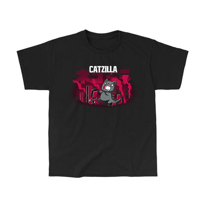 Classic Cotton T-shirt_TeeTurtle Catzilla black t-shirt featuring an illustration of an angry gray cat terrorizing a city knocking down red, blocky buildings with reddish-pink smoke filling the air and "Catzilla" written above the graphic. The text beneath the word CATZILLA resembles Japanese characters or simplified Chinese characters.