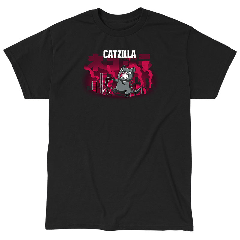 Classic Cotton T-shirt_TeeTurtle Catzilla black t-shirt featuring an illustration of an angry gray cat terrorizing a city knocking down red, blocky buildings with reddish-pink smoke filling the air and "Catzilla" written above the graphic. The text beneath the word CATZILLA resembles Japanese characters or simplified Chinese characters.