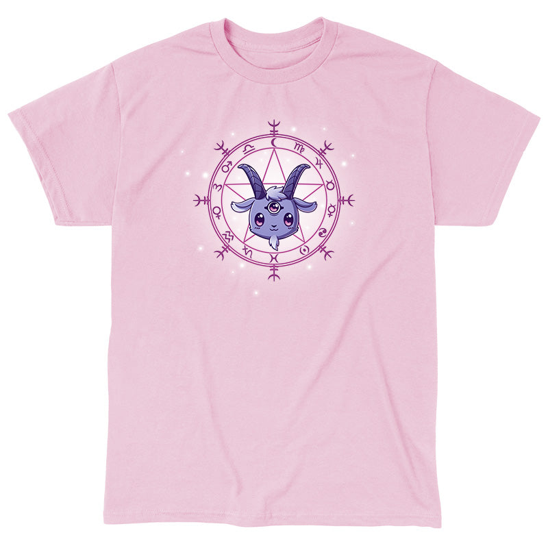 Classic Cotton T-shirt_TeeTurtle Chibi Baphoment light pink t-shirt featuring a goat-like creature with three eyes in front of a mystical symbol.