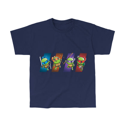 Classic Cotton T-shirt_TeeTurtle navy blue Choose Your Character: Teenage Mutant Ninja Turtles apparel featuring  Raphael, Leonardo, Michaelangelo, and Donatello in dynamic poses on colored backgrounds corresponding to their personal colors.