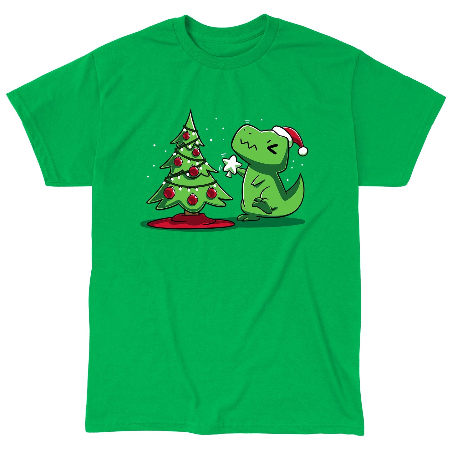 Classic Cotton T-shirt_TeeTurtle Christmas T-Rex Irish green t-shirt featuring a cartoon dinosaur wearing a Santa hat placing a star atop a Christmas tree adorned with red baubles and lights. 