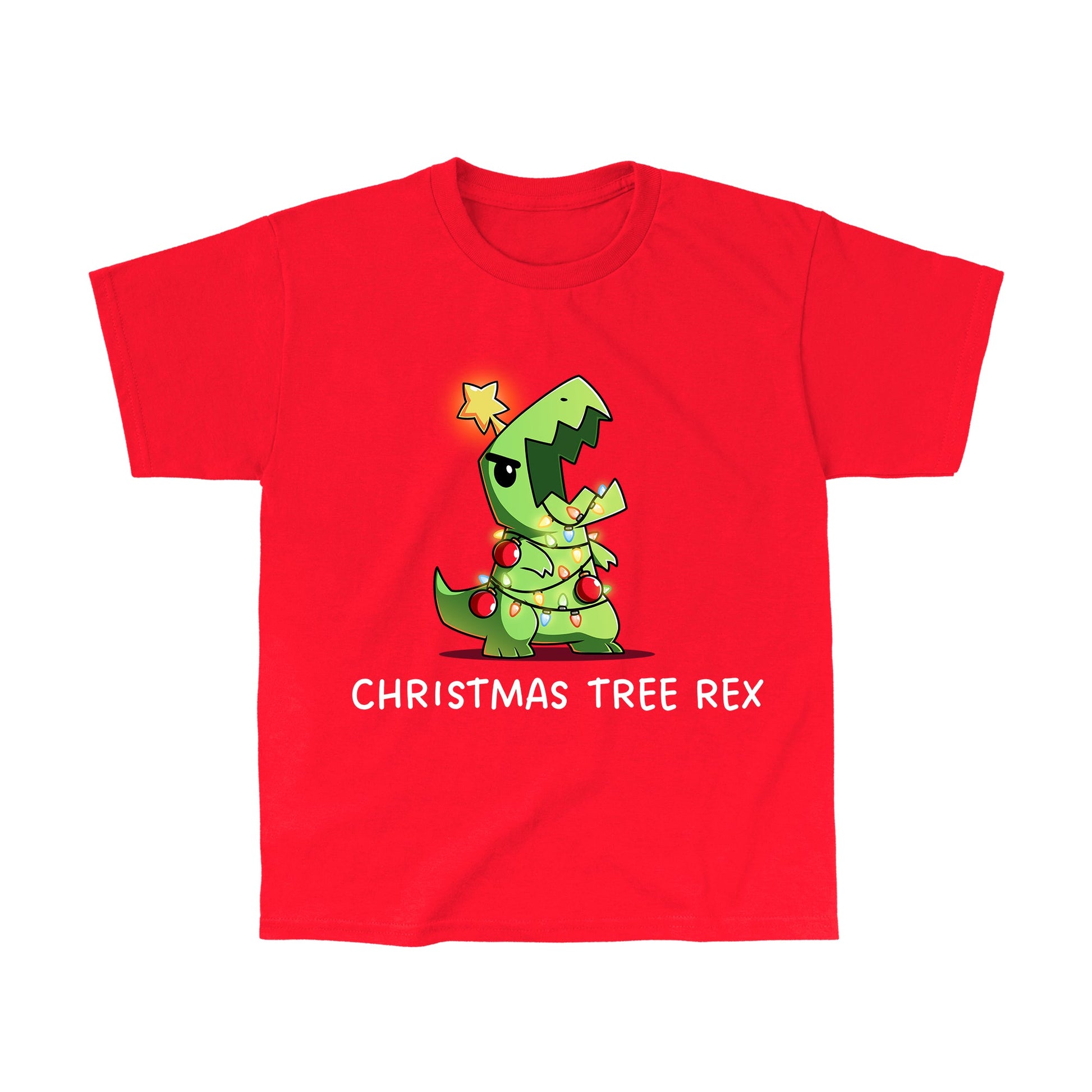 Classic Cotton T-shirt_TeeTurtle red Christmas Tree Rex apparel featuring a roaring t-rex tangled in holiday lights.