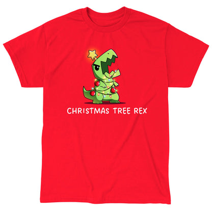 Classic Cotton T-shirt_TeeTurtle red Christmas Tree Rex apparel featuring a roaring t-rex tangled in holiday lights.