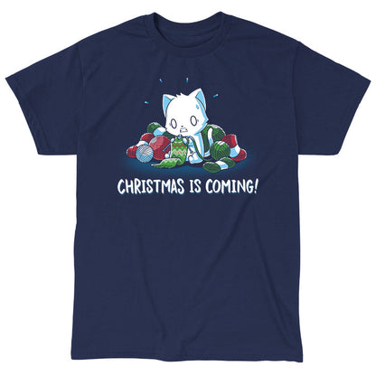 Classic Cotton T-shirt_TeeTurtle Christmas is Coming! navy blue t-shirt featuring an anxious cat that is crafting gifts for Christmas