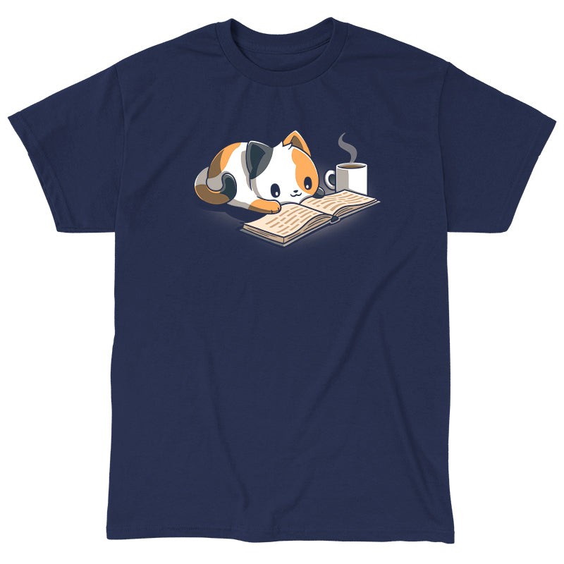 Classic Cotton T-shirt_TeeTurtle Coffee and a Good Book navy blue t-shirt featuring a calico cat laying next to a hot cup of coffee as it reads a book.