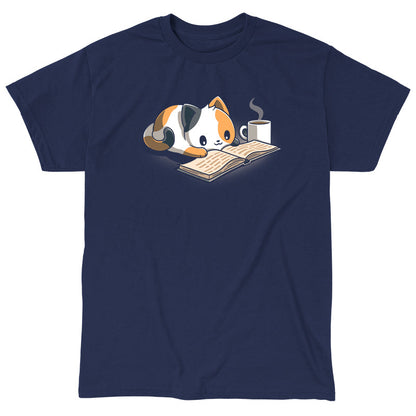 Classic Cotton T-shirt_TeeTurtle Coffee and a Good Book navy blue t-shirt featuring a calico cat laying next to a hot cup of coffee as it reads a book.