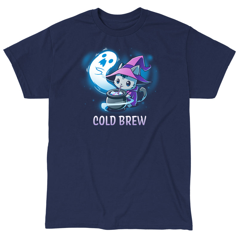 Classic Cotton T-shirt_TeeTurtle Cold Brew navy blue t-shirt featuring a cartoon gray cat wearing a purple witch's hat and purple cape contently drinking from a black witch's cauldron with a white ghost swirling around the cauldron and beside the cat. "COLD BREW" is written underneath.