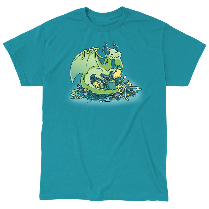 Classic Cotton T-shirt_TeeTurtle Craft Hoarder tropical blue t-shirt featuring a knitting green dragon sitting atop a pile of assorted craft supplies.