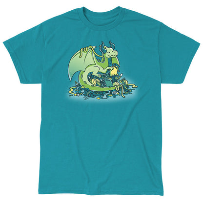 Classic Cotton T-shirt_TeeTurtle Craft Hoarder tropical blue t-shirt featuring a knitting green dragon sitting atop a pile of assorted craft supplies.