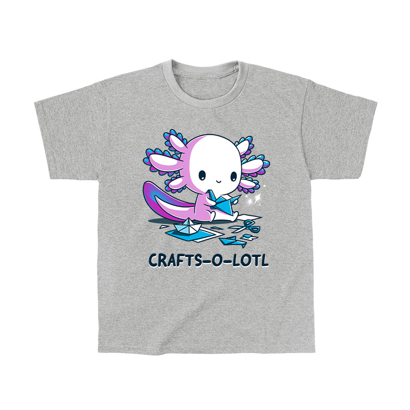 Classic Cotton T-shirt_TeeTurtle Crafts-O-Lotl Heather Gray t-shirt featuring a cute axolotl making origami crafts, surrounded by paper and completed pieces. Text below reads "CRAFTS-O-LOTL"