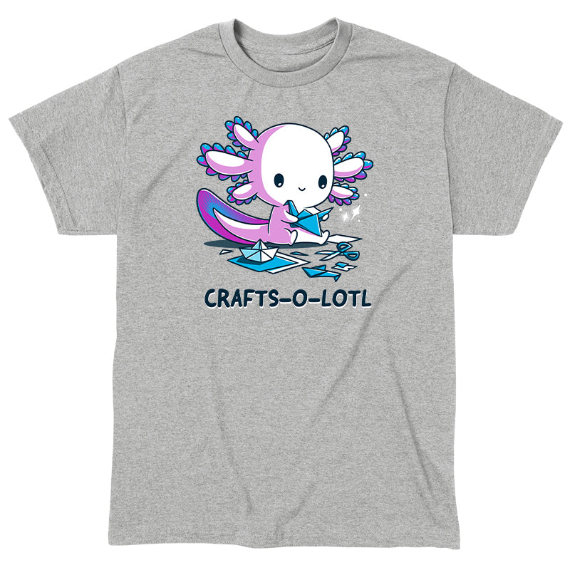 Classic Cotton T-shirt_TeeTurtle Crafts-O-Lotl Heather Gray t-shirt featuring a cute axolotl making origami crafts, surrounded by paper and completed pieces. Text below reads "CRAFTS-O-LOTL"