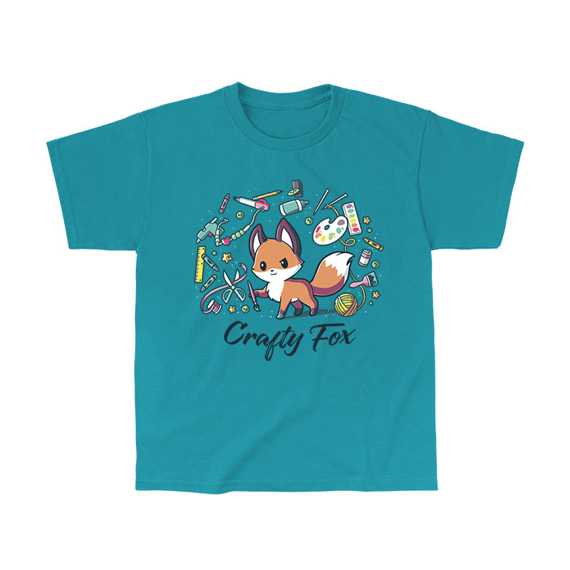 Classic Cotton T-shirt_TeeTurtle Crafty Fox tropical blue t-shirt featuring a cute fox holding a brush in its forepaw and surrounded by yarn, scissors, ribbon, paint and many other crafting items.