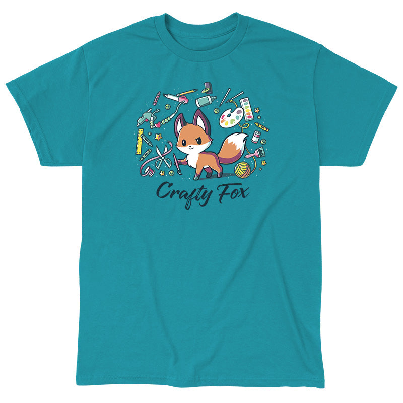 Classic Cotton T-shirt_TeeTurtle Crafty Fox tropical blue t-shirt featuring a cute fox holding a brush in its forepaw and surrounded by yarn, scissors, ribbon, paint and many other crafting items.