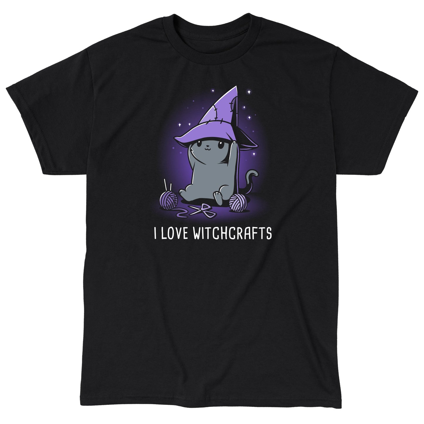 Classic Cotton T-shirt_TeeTurtle Crafty Kitty black t-shirt featuring a cheerful gray cat wearing a witches hat and crafting.