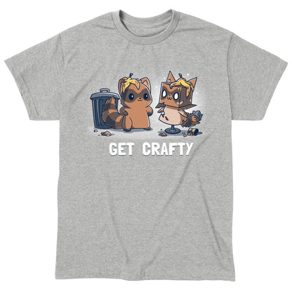 Classic Cotton T-shirt_TeeTurtle Crafty Raccoon heather gray t-shirt featuring a raccoon standing in front of a trash can looking pleased at a sculpture it created of itself out of trash with the words "GET CRAFTY" written below. 