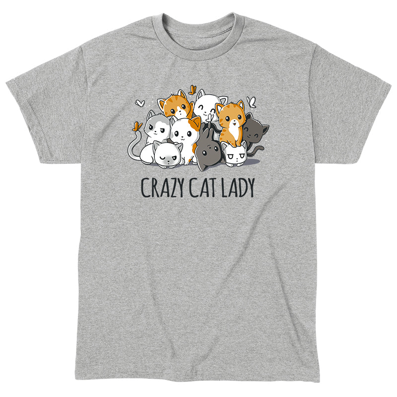 Classic Cotton T-shirt_TeeTurtle heather gray Crazy Cat Lady. Featuring a pile of cats in different colors cuddling together.