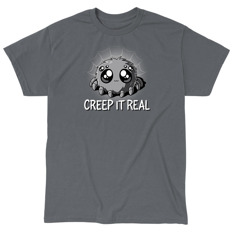 Classic Cotton T-shirt_TeeTurtle charcoal gray Creep It Real. Featuring a spider with large, cute eyes.