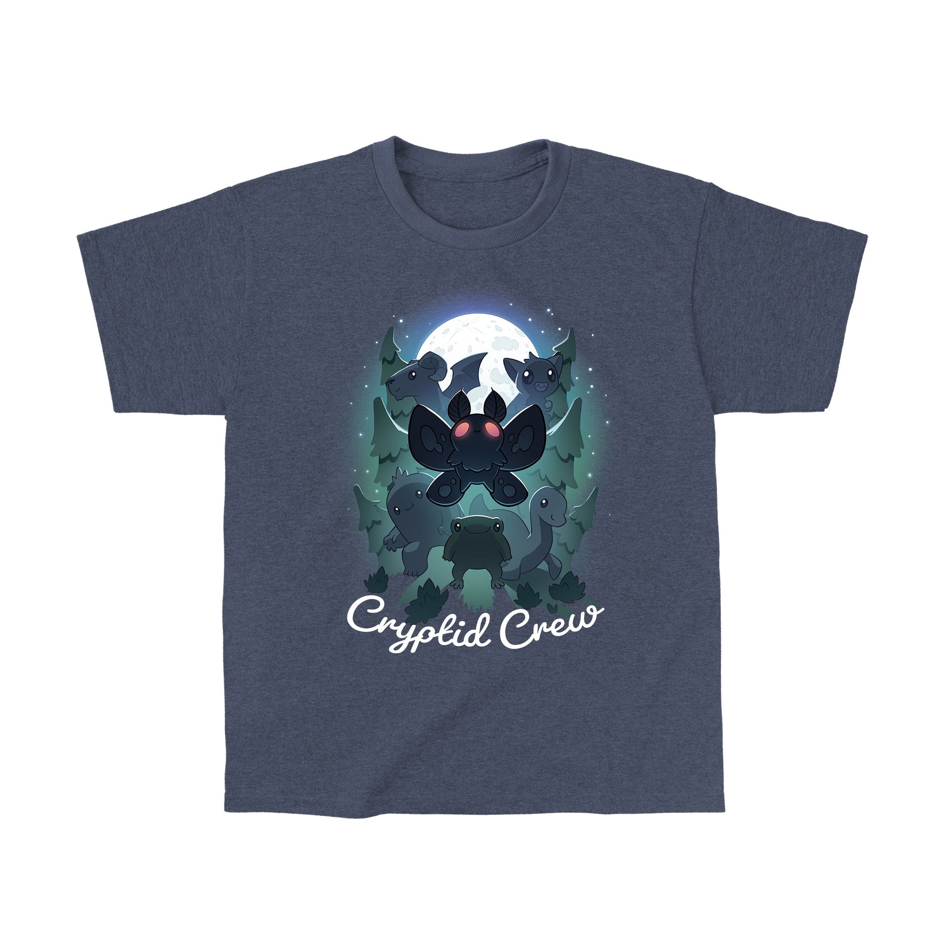 Classic Cotton T-shirt_TeeTurtle Cryptid Crew heather navy t-shirt featuring a whimsical illustration of six cartoon cryptids, including a mothman and a jackalope, in a forest with a full moon in the background. Text at the bottom reads "Cryptid Crew."