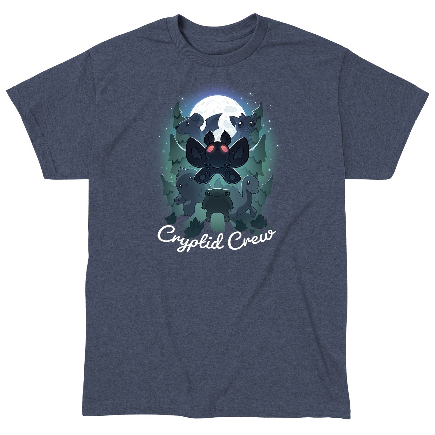 Classic Cotton T-shirt_TeeTurtle Cryptid Crew heather navy t-shirt featuring a whimsical illustration of six cartoon cryptids, including a mothman and a jackalope, in a forest with a full moon in the background. Text at the bottom reads "Cryptid Crew."