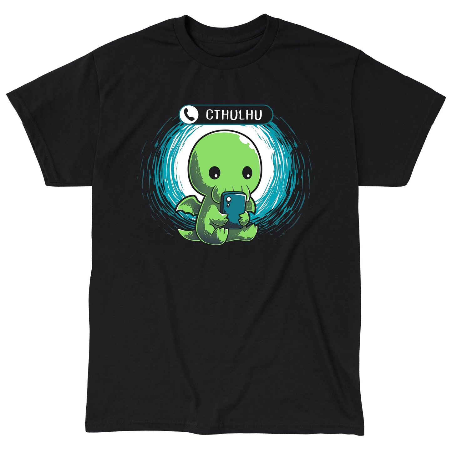 Classic Cotton T-shirt_TeeTurtle Cthulhu Calling black t-shirt featuring a Cthulhu holding a smartphone and looking at the screen with an incoming call notification displaying "Cthulhu" at the top.