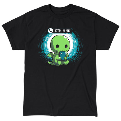 Classic Cotton T-shirt_TeeTurtle Cthulhu Calling black t-shirt featuring a Cthulhu holding a smartphone and looking at the screen with an incoming call notification displaying "Cthulhu" at the top.