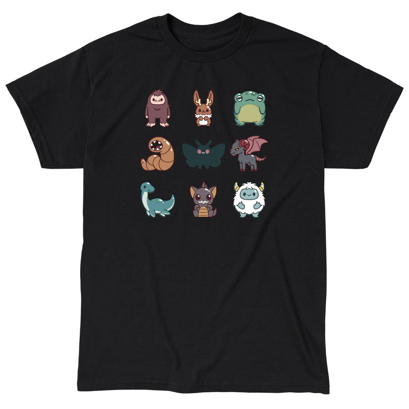 Classic Cotton T-shirt_TeeTurtle Cute Cryptids black t-shirt featuring a grid of cute cryptids, featuring a bigfoot, bunny, frog, worm, moth, winged goat, aquatic dinosaur, bat, and yeti.