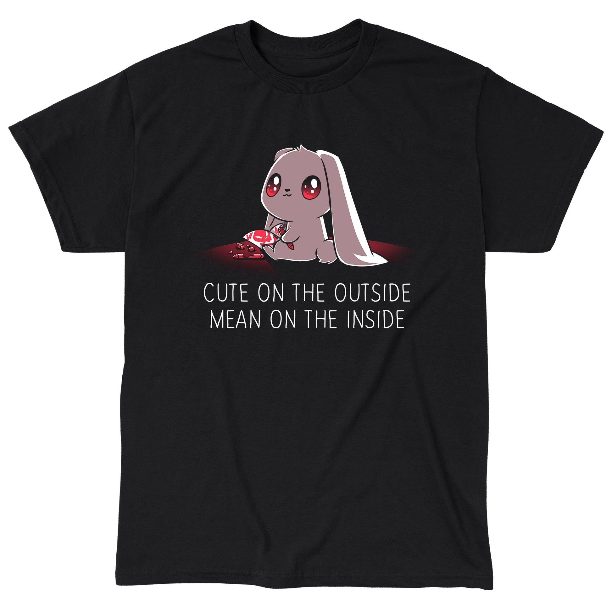 Classic Cotton T-shirt_TeeTurtle Cute on the Outside, Mean on the Inside black t-shirt featuring a a cute bunny with big eyes drawing red skulls with a crayon, with text "Cute on the Outside, Mean on the Inside" beneath it. 