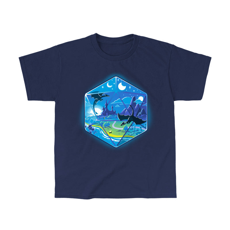 Classic Cotton T-shirt_Illustration of a fantasy world within a hexagonal frame, featuring flying dragons, a castle, mountains, a river, and both the sun and moon in the sky. Perfect for your monsterdigital D20 Landscape apparel collection in super soft ringspun cotton.