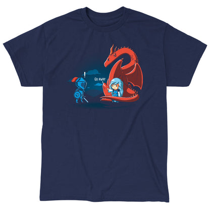 Classic Cotton T-shirt_TeeTurtle navy blue Damsel In Control. Featuring a damsel with a dragon telling a knight trying to rescue the damsel to go away.