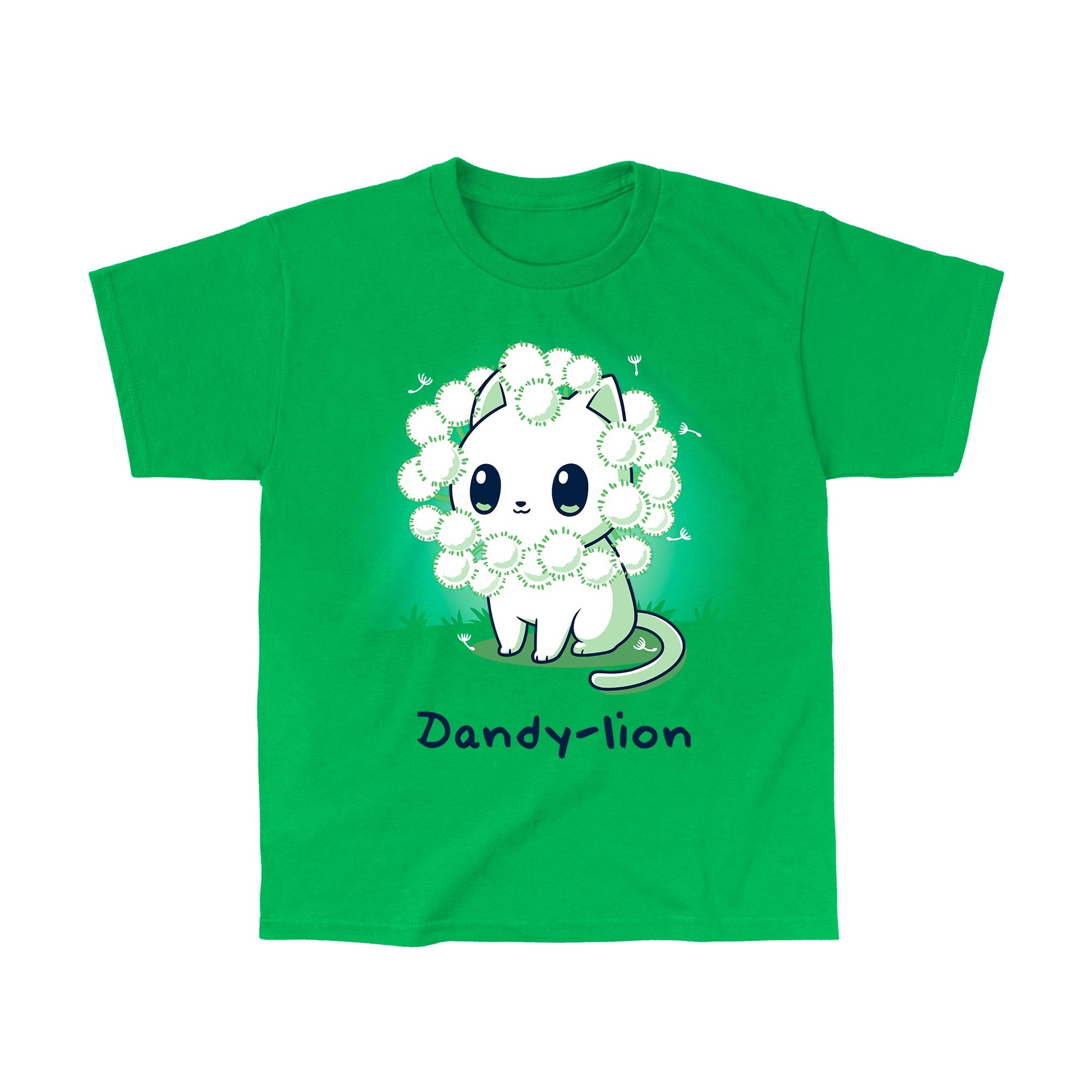 Classic Cotton T-shirt_TeeTurtle Dandy-lion irish green t-shirt featuring a white cat with a dandelion fluff mane and a pun underneath it.