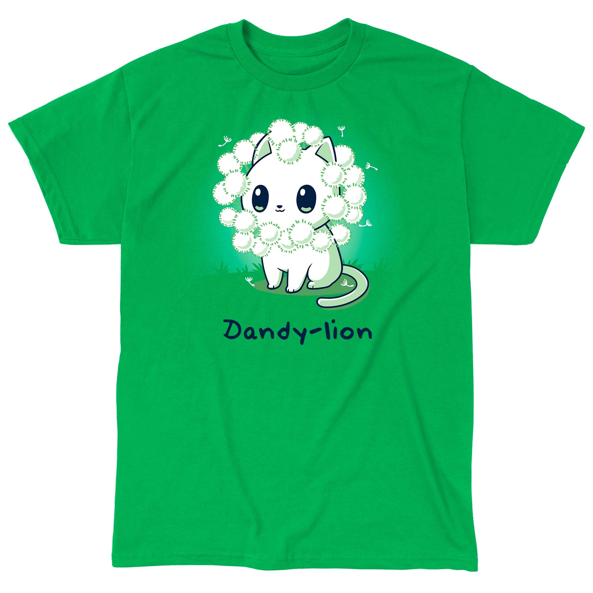 Classic Cotton T-shirt_TeeTurtle Dandy-lion irish green t-shirt featuring a white cat with a dandelion fluff mane and a pun underneath it.