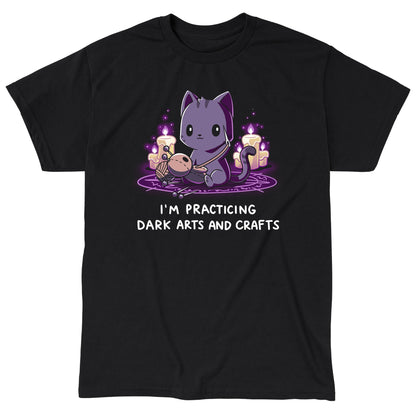 Classic Cotton T-shirt_TeeTurtle Dark Arts and Crafts black t-shirt featuring a cat crafting a voodoo doll