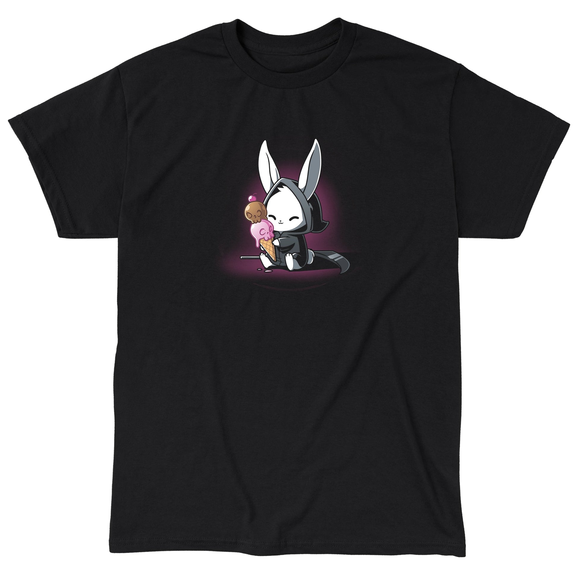 Classic Cotton T-shirt_TeeTurtle Death By Ice Cream black t-shirt featuring a rabbit in a black cloak with a double-scoop ice cream cone.