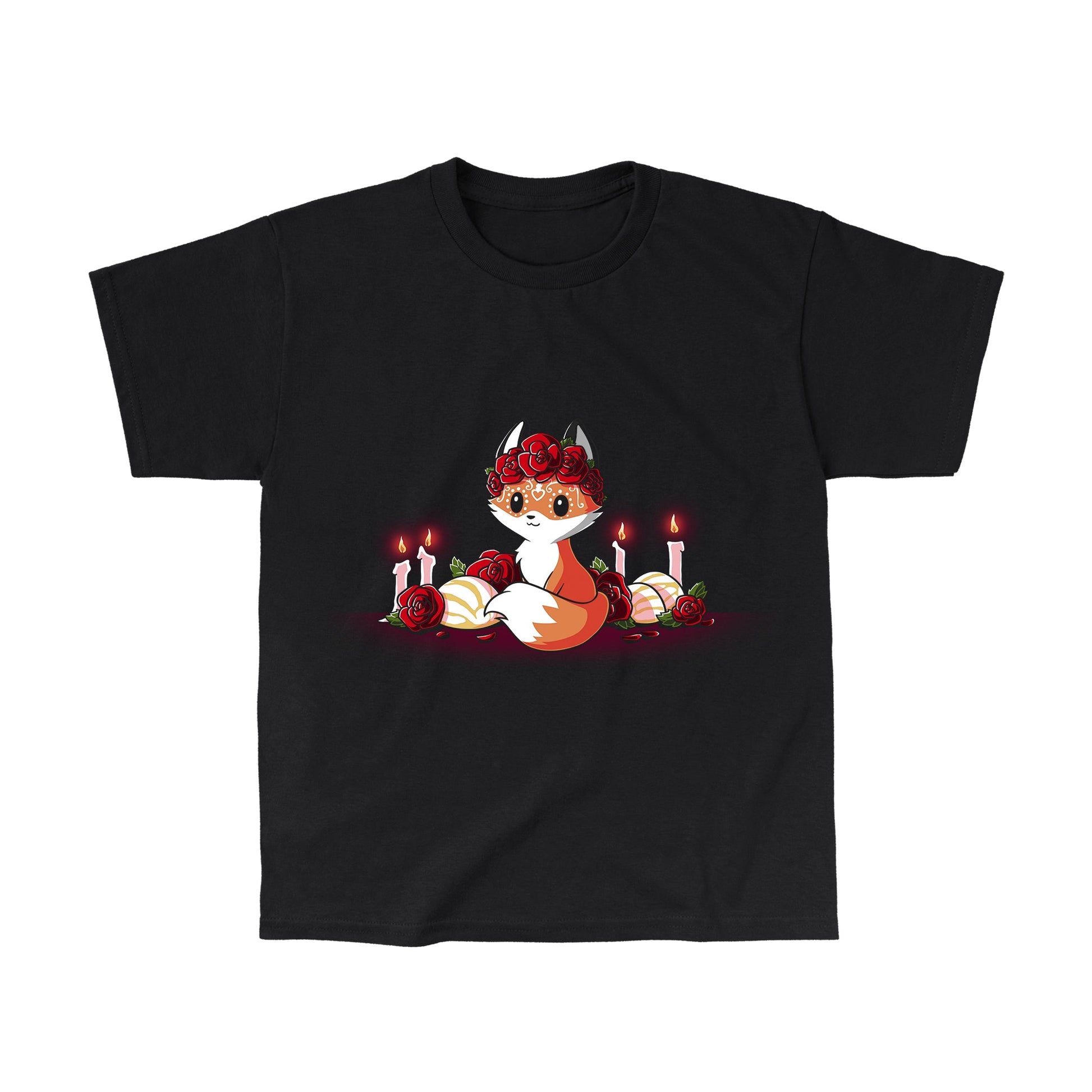  Classic Cotton T-shirt_TeeTurtle Dia de los Foxes black t-shirt featuring a cute little fox animal with Dia de los Muertos markings and wearing a crown of roses, surrounded by lit candles, roses and other Day of the Dead objects.