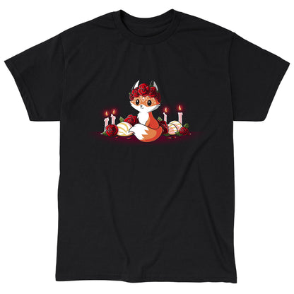  Classic Cotton T-shirt_TeeTurtle Dia de los Foxes black t-shirt featuring a cute little fox animal with Dia de los Muertos markings and wearing a crown of roses, surrounded by lit candles, roses and other Day of the Dead objects.