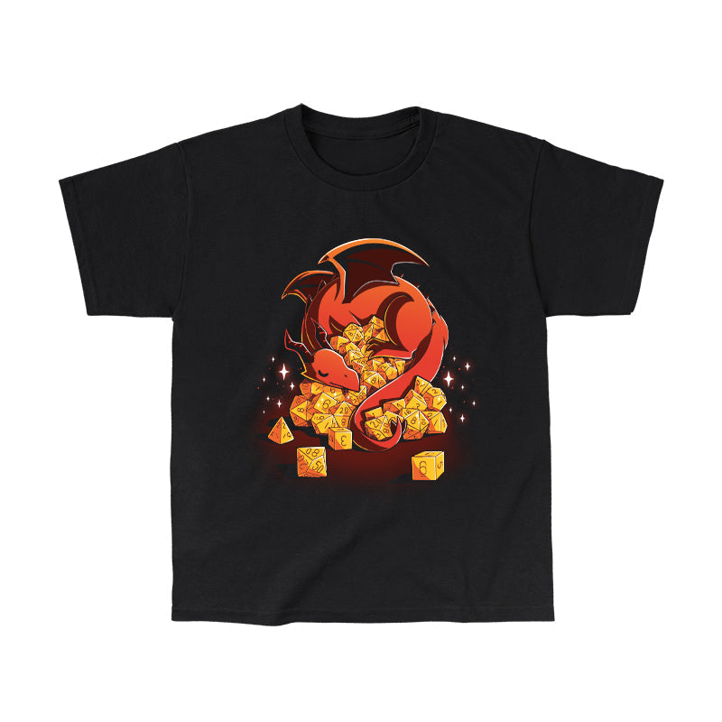 Classic Cotton T-shirt_A red dragon is curled around an overflowing pile of yellow polyhedral dice, with sparkles around. Show off your inner Dice Hoarder with this black monsterdigital Dice Hoarder apparel crafted from super soft ringspun cotton. The dice include various types ranging from d4 to d20.