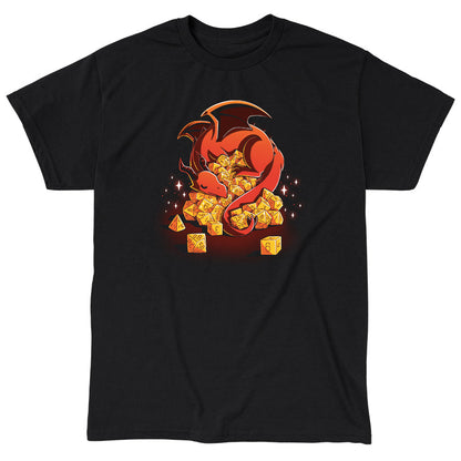 Classic Cotton T-shirt_A red dragon is curled around an overflowing pile of yellow polyhedral dice, with sparkles around. Show off your inner Dice Hoarder with this black monsterdigital Dice Hoarder apparel crafted from super soft ringspun cotton. The dice include various types ranging from d4 to d20.