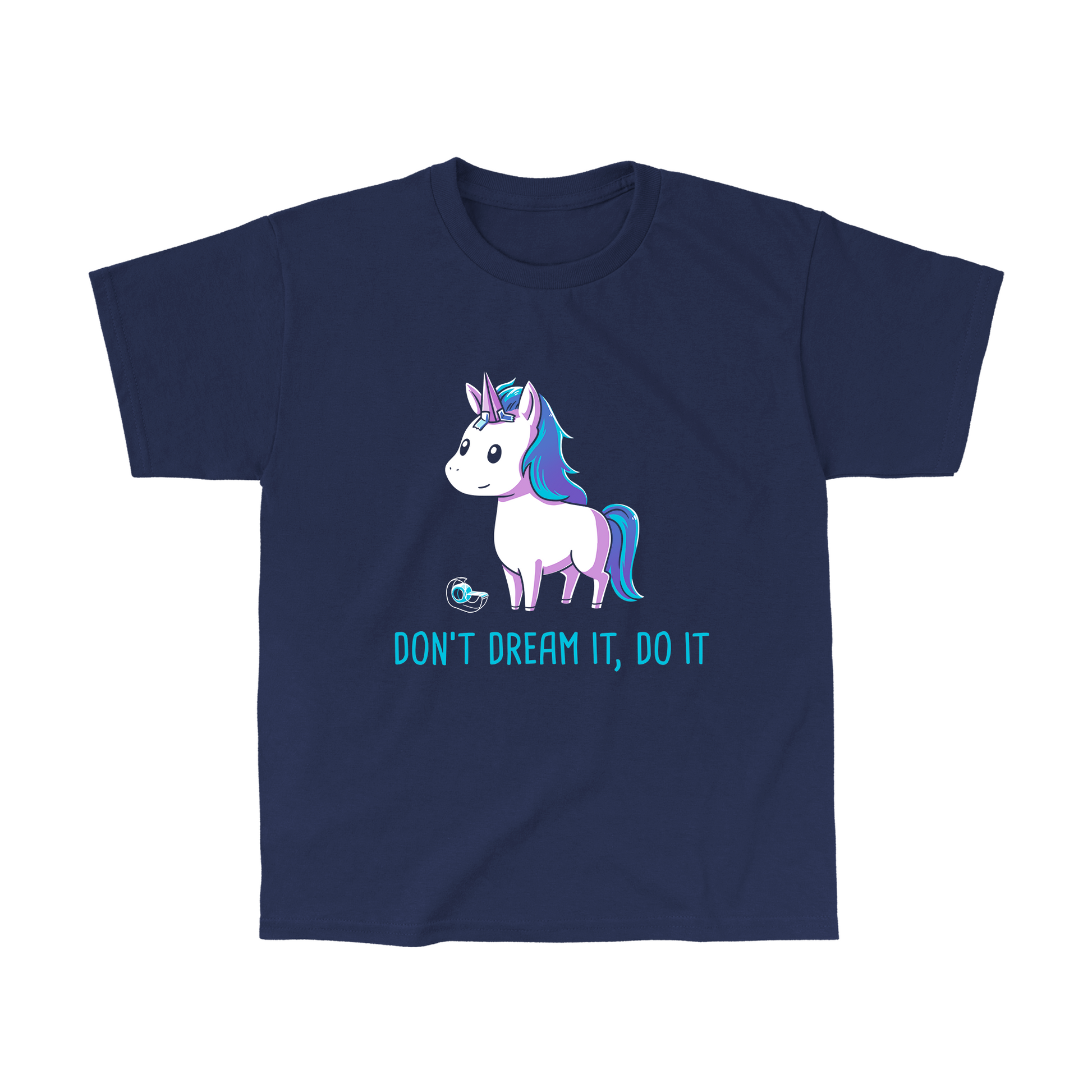 Classic Cotton T-shirt_TeeTurtle navy blue Don't Dream It Do It. Featuring a horse with a paper unicorn horn taped to its forehead.