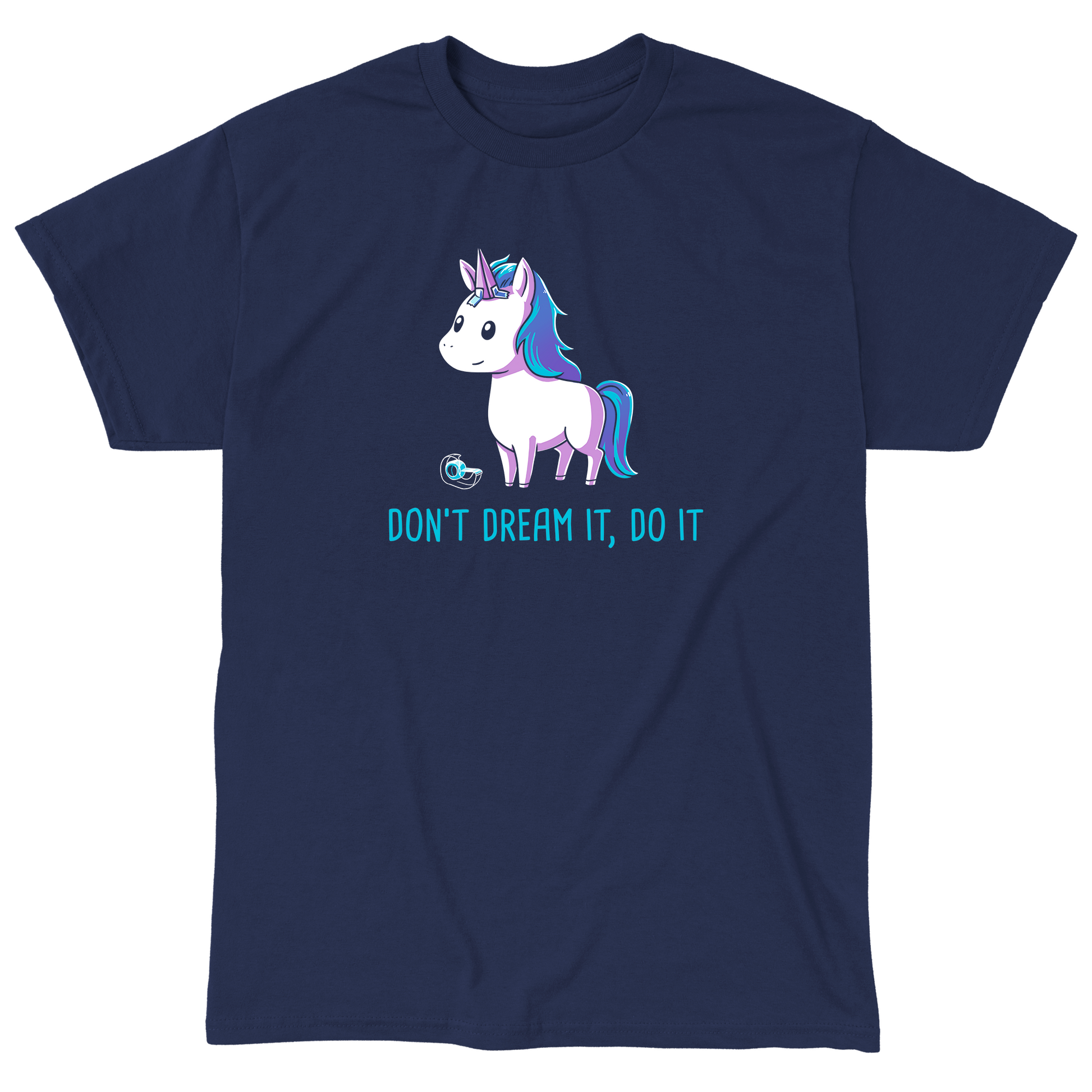 Classic Cotton T-shirt_TeeTurtle navy blue Don't Dream It Do It. Featuring a horse with a paper unicorn horn taped to its forehead.