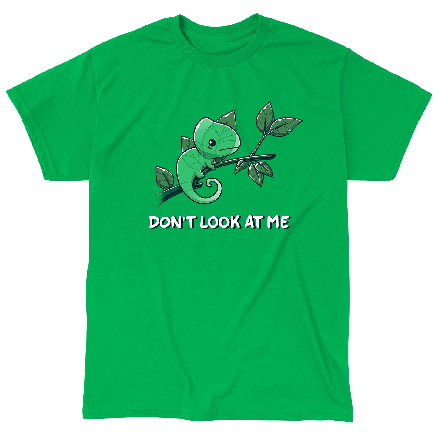 Classic Cotton T-shirt_Teeturtle Don't Look At Me Irish green t-shirt featuring a little cartoon Chameleon trying to cloak itself against leaves while on a branch with 'Don't look at me.' written underneath the image.