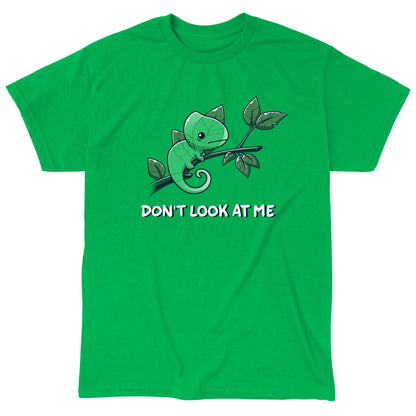 Classic Cotton T-shirt_Teeturtle Don't Look At Me Irish green t-shirt featuring a little cartoon Chameleon trying to cloak itself against leaves while on a branch with 'Don't look at me.' written underneath the image.